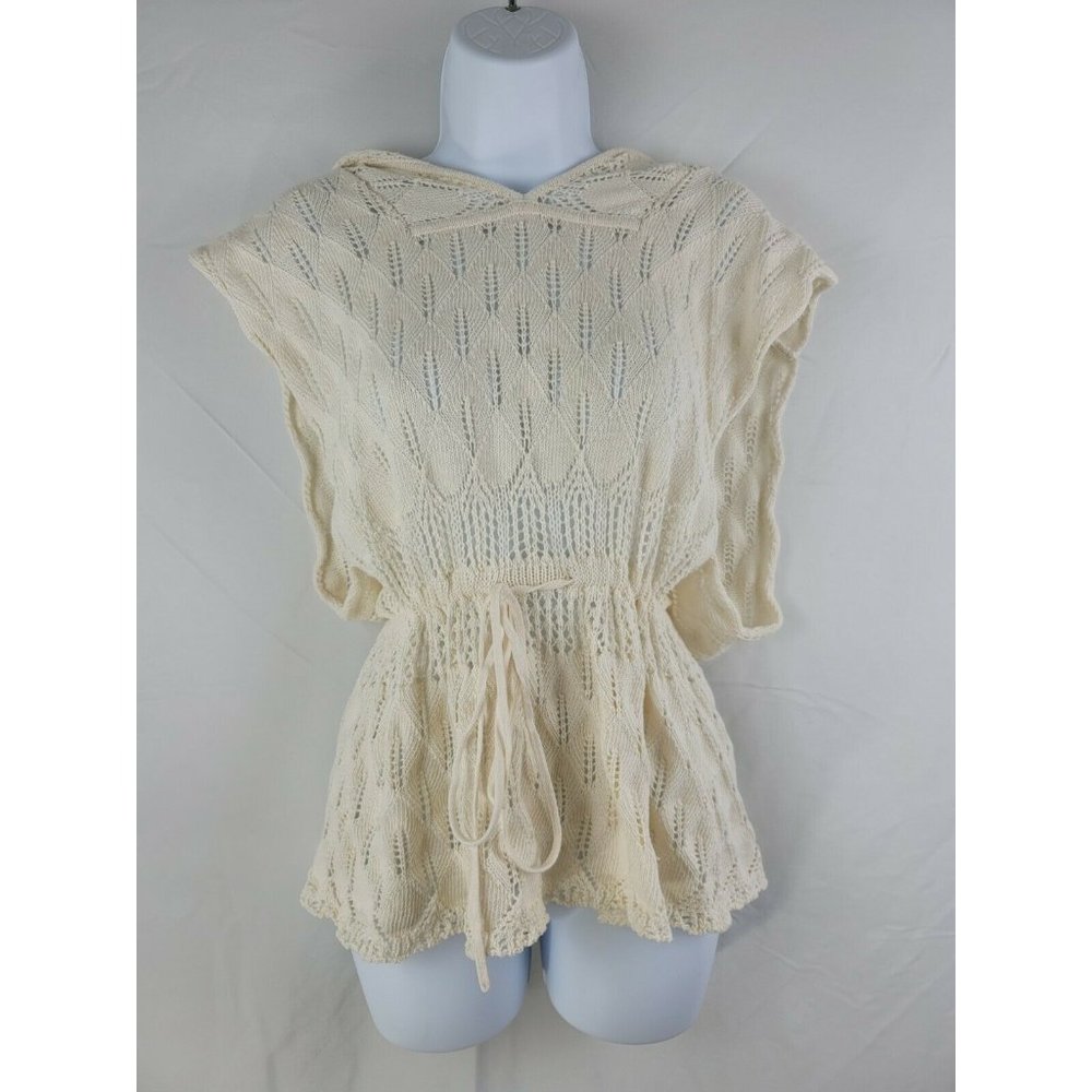 Anthropologie Moth Poncho Crochet Open Knit Hooded Sweater V Neck Medium Ivory